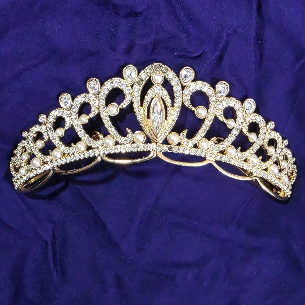 Vintage Swarovski Crystal Crown Tiara Gold Tone Faux Pearls Princess Prom Bride